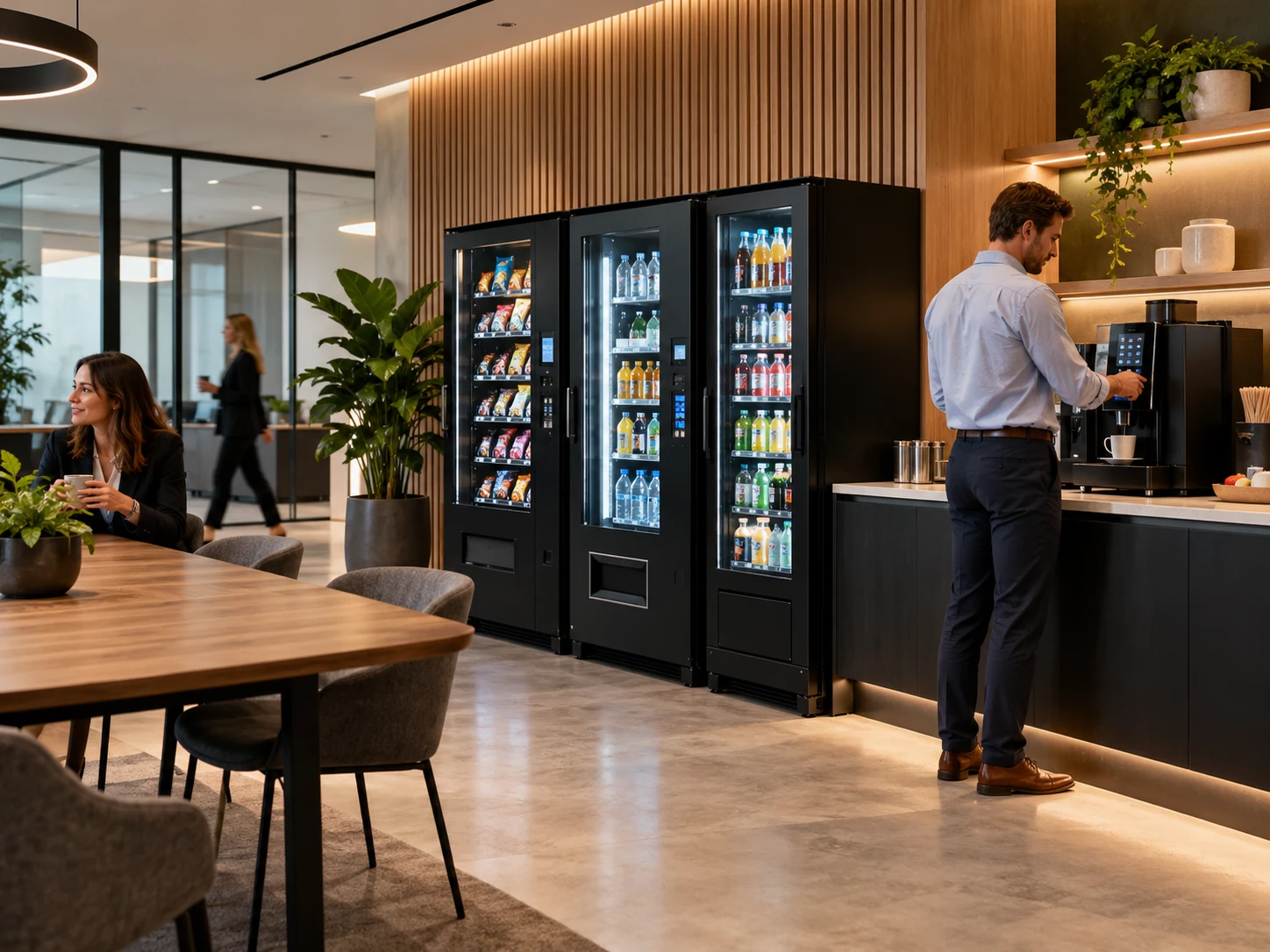 Moderne Mitarbeiterverpflegung mit hochwertigen Automaten und Kaffeestation in einem professionellen Unternehmensumfeld