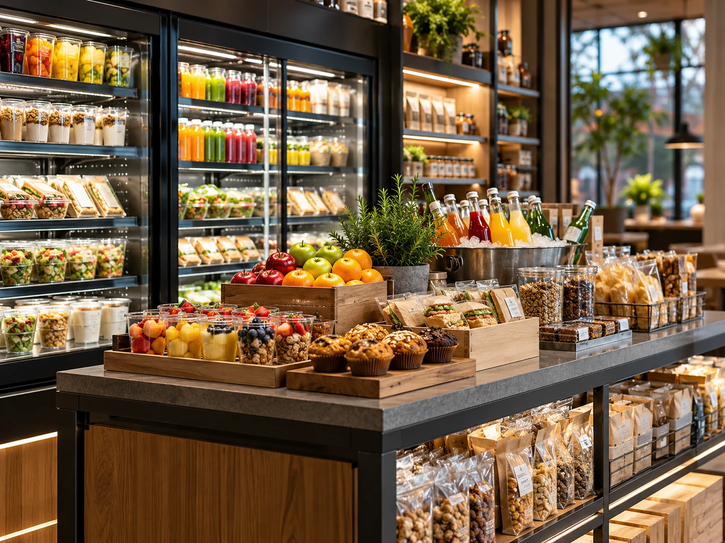 Hochwertige Auswahl aus frischen Produkten, Snacks und Getränken als Beispiel für sorgfältig kuratierte Versorgungslösungen